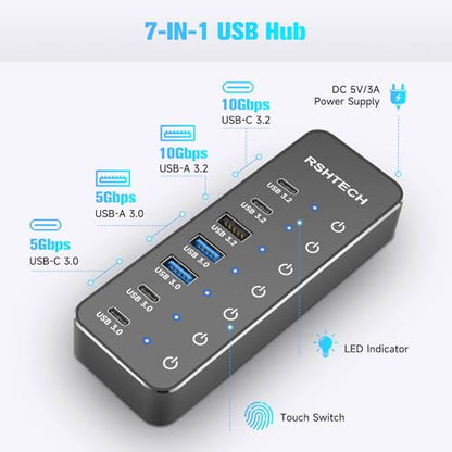 RSHTECH 7-Port Powered USB-C/USB 3.2 Data Hub Splitter, RSH-ST07C-4 | with 3 x 10Gbps USB-3.2(2C + 1A),4 USB-3.0 Ports(2C + 2A), 3.3ft USB-A/USB-C Cable, Touch Switches, and 5V Power Adapter