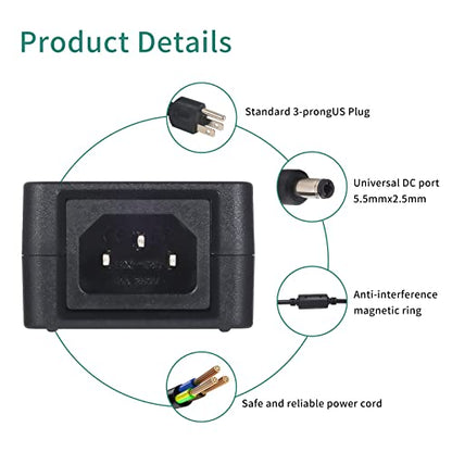 24V 2A 48W Universal AC DC Power Supply Adapter with 5.5x2.5mm Plugs | 100-240V 50-60Hz input, 5.5x2.5mm plug(Compatible 5.5x2.1mm), for LED strips & CCTV cameras