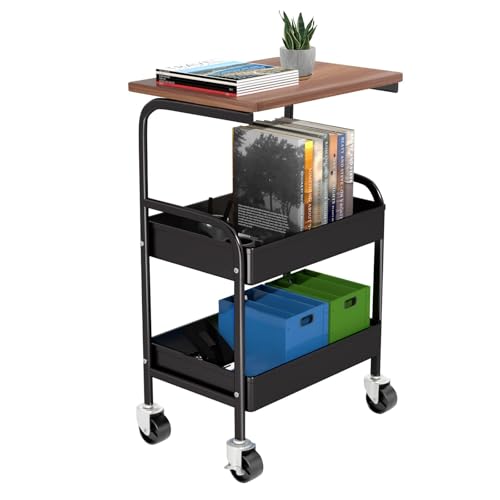 Rolling Cart with Wooden Tabletop, 3 Tier Metal Utility Cart, Rolling Storage Organizer Cart with Lockable Wheels for Kitchen, Office, Bedroom (Black) - color: Black