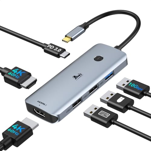 USB C Docking Station Dual Monitor HDMI, Laptop Multiport Adapter | 7 in 1 USB C to 4K Monitor, MacBook supports Display Spanning mode, with 4K HDMI, Switching Mode Botton, 3 USB, 100W PD Port