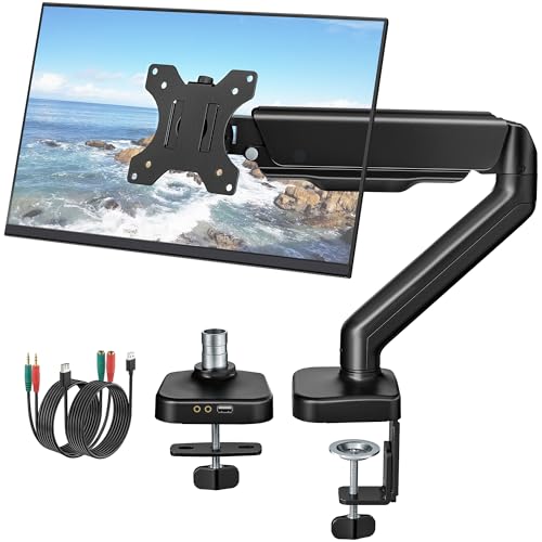 monTEK Single Monitor Arm with USB Ports for 17-32" Screen up to 19.8 lbs | USB/audio ports, mechanical spring, full motion for flat/curved screens, clamp/grommet bases and VESA 75/100 - color: Single Arm, size: With USB & Audio Ports