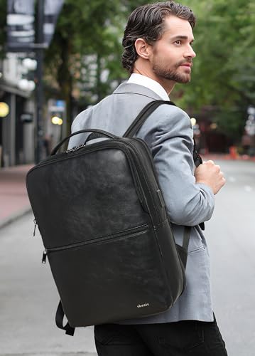 Vegan Leather Laptop Backpack for Women and Men Fits 16 Inch Laptop | Water Resistant,28L Expandable Computer Backpack Purse,USB Charging Port,Travel Work Business College Teacher Nurse - color: Two-toned Black