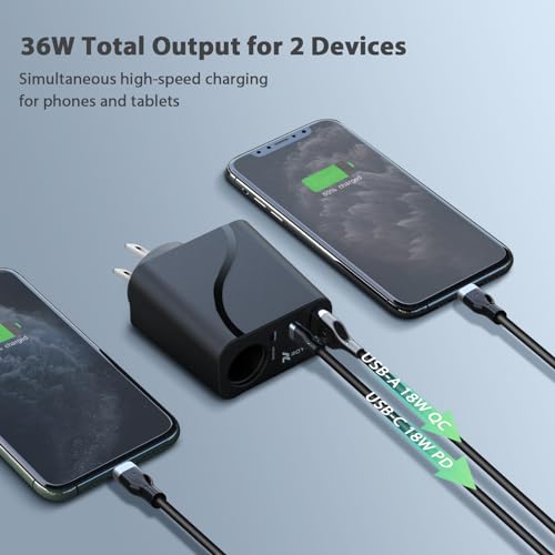 RoyPow AC to DC Converter, 110V/120V to12V Converter, 36W USB C Charger with Car Cigarette Lighter Socket, 3-Ports Wall Charger 18W PD3.0 Travel Plug 110V/120V to 12V/3A Power Adapter for iPhone, iPad - size: 12V/3A
