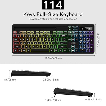 AOC KB600 Wireless Keyboard with 7-Color RGB Backlit, 2.4GHz Full-Size Computer Keyboard with Phone Tablet Holder, Number Pad, 22 Multimedia Hotkeys, Rechargeable for Mac, Windows
