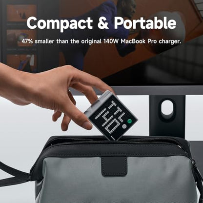 SHARGE Pixel 140 Laptop Charger 140W USB C GaN Charger 3-Port with Smart Dot-Matrix Display PD3.1 Fast Charging for MacBook Pro, iPhone 17 Galaxy S26 (Black) - color: Black