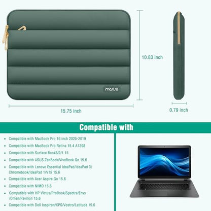 MOSISO Laptop Case 16 inch, 15-15.6 inch Puffy Laptop Sleeve Compatible with MacBook Pro 16 M5 M4 M3 M2 M1, HP Dell ASUS Acer Toshiba Lenovo, Polyester Horizontal Bag with Small Case, Emerald Green - color: Emerald Green, size: 16 inch
