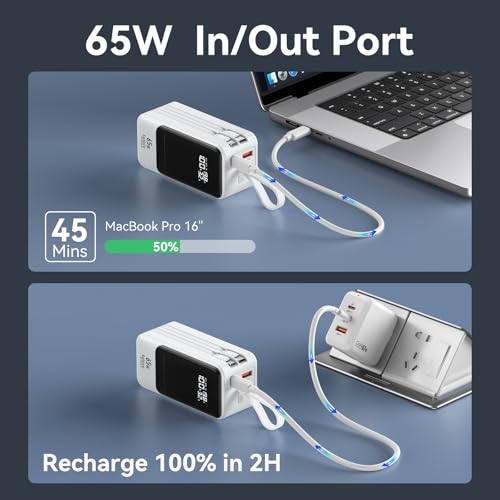 Fast Charging Power Bank 18400mAh 65W Portable Laptop Charger, LCD Display, Travel Essential Battery Pack with Built-in USB-C & Lightning Cables for iPhone 16/15/14/13/12 MacBook Samsung - color: White