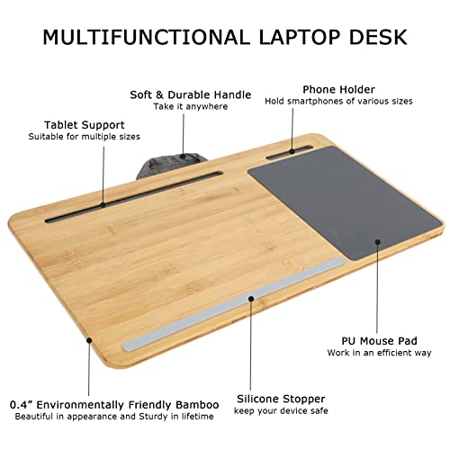 SUMISKY Laptop Lap Desk with Cushion Protable LapDesk with Handle Tablet Support Phone Holder and Mouse Pad Oversized Bamboo Laptop Stand for Sofa Fits Up to 17 Inches - size: L(21.3"x11.8")