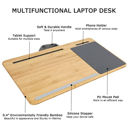 SUMISKY Laptop Lap Desk with Cushion Protable LapDesk with Handle Tablet Support Phone Holder and Mouse Pad Oversized Bamboo Laptop Stand for Sofa Fits Up to 17 Inches - size: L(21.3"x11.8")