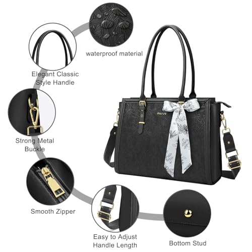 MOSISO Laptop Bag for Women, 17-17.3 inch PU Leather Tote Bag | Compatible with MacBook, HP,Dell, Front Embossed Retro Hibiscus Computer Bags with Silk Scarf&Clutch Purse, Black - color: Black, size: 17.3 inch