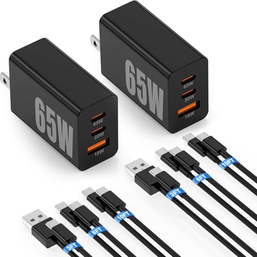 65W Super Fast Charger PD3.0&6/10FT USBC Cable for Samsung Galaxy S26 Ultra | 3-Port GaN Type-C Charging Block PD/QC 3.0 for Galaxy S25/S24/S23 Plus,Tab,MacBook, iPhone 17 Pro Max,Android, 3/6/10FT Cord - color: Black