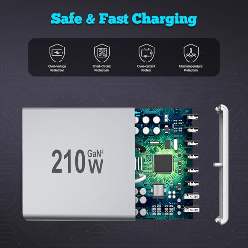 USB C Charger 210W Block, GaN 8-Port USB-C PD Fast Charging Station Desktop Hub, PD65W Laptop Charge Adapter Compatible with MacBook Pro/Air/DELL/Steam Deck/iPhone 16/15/Galaxy S22/S23 - color: silver
