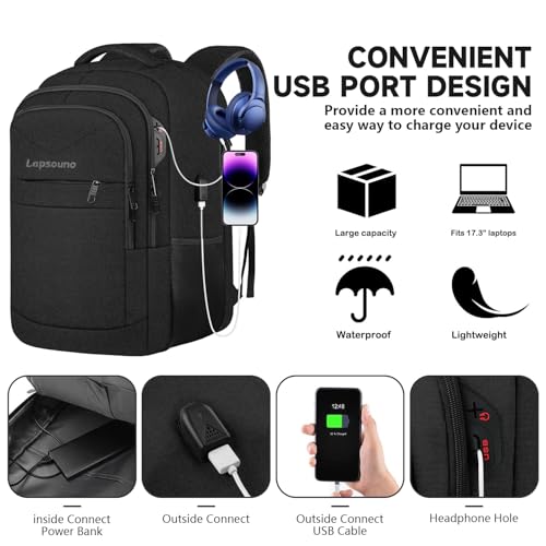 Lapsouno 17 Inch Laptop Backpack, Carry On Travel Backpack, Durable Extra Large TSA Business Backpack with USB Port, Water Resistant Anti Theft Gift for Men Women, Black
