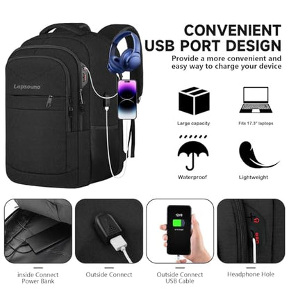 Lapsouno 17 Inch Laptop Backpack, Carry On Travel Backpack, Durable Extra Large TSA Business Backpack with USB Port, Water Resistant Anti Theft Gift for Men Women, Black