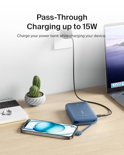 Belkin 10000mAh 20W USB C Power Bank, Portable Charger for iPhone & iPad | Fast Charging, Integrated USB C Cable, Eatra USB C Port, iPhone 17, iPad, Samsung Galaxy S26, Charge 2 Devices - color: Blue, style: 10K mAh