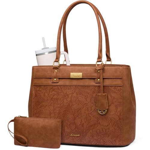 LOVEVOOK Laptop Tote Bag for Women, 15.6 Inch Waterproof Leather Work Computer Bag, Large Business Office Briefcase Shoulder Handbag Purse Gifts for Women - color: Brown-flower-, size: Medium