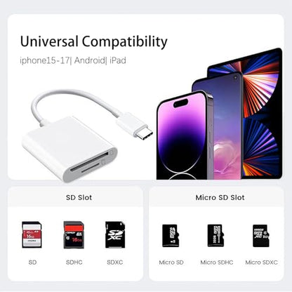 USB C SD Card Reader, Dual Slot SD & MicroSD Adapter for iPhone | Dual-slot SD & microSD reader for iPhone, iPad, MacBook, Android and USB-C devices; plug and play for camera photos.