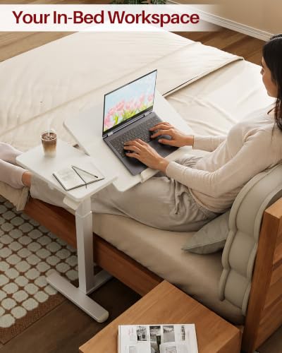 Overbed Bedside Table with Wheels, 27.9-41.3" Pneumatic Height Adjustable | 300° Tilting Desktop Fits Either Side of Bed, Rolling Standing Desk with Hidden Wheels, for Home, Hospital or Bedroom