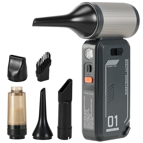 130,000 RPM Rechargeable Compressed Air Duster, Black | Stepless airflow, LED work light and 4 attachments for keyboards, computers, cars and narrow spaces - color: Black