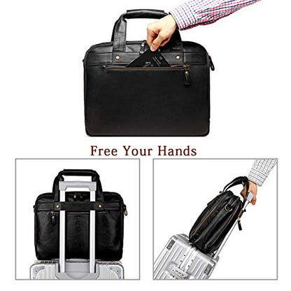 Leather Briefcases for Men 15.6 Inch Laptop Messenger Bag with Triple Compartments Water-Resistant Computer Shoulder Bag for Business, Travel, Work, Office, Black - color: Black