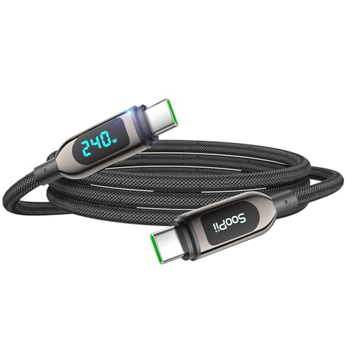 SOOPII 240W 4ft USB C to USB C Cable Fast Charge, Nylon Braided Cable with LED Display for lPhone 17/17 Pro/16 Plus/15 Pro Max,lPad Air,MacBook Pro,Galaxy S25/S24, Pixel, LG (Black) - color: Black, size: 1.2M - 240W