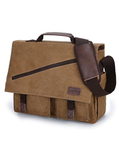 Messenger Bag for Men,Water Resistant Canvas Satchel 14 15.6 17 Inch Laptop Briefcases Business Shoulder Bag by RAVUO - color: 15.6 Inch-coffee