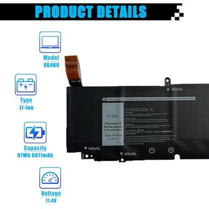 97Wh XG4K6 Battery Replacement for Dell XPS 17 9700 9710 9720 9730 / Precision 5750 5760 5770 Series P92F P92F001 P92F002 P92F003 01RR3 001RR3 F8CPG 0F8CPG 5XJ6R KVPMY 0YY3V KRDHV 11.4V - size: 12.92*3.16*0.35 inch XG4K6