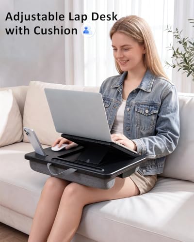 Adjustable Lap Desk with Cushion Stroage Rotatable Phone Stand | Laptop Lap Desk with 8 Angles Adjustable Mouse Pad and iPad Stand for Bed Couch Car Home Office, Fits up to 14" Laptop - size: MAX