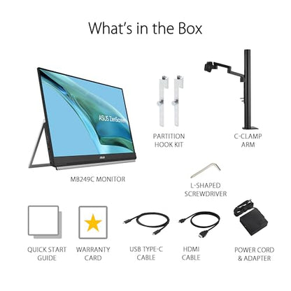 ASUS ZenScreen 24” (23.8” viewable) 1080P Portable USB-C Monitor (MB249C) - FHD, IPS, Eye Care, Speakers, Multi-Stand Design, Kickstand, C-clamp Arm, Partition Hook, Carrying Handle, WFH Monitor - style: 24" IPS USB-C Multi-stand Design