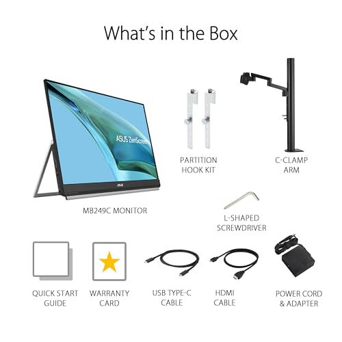 ASUS ZenScreen MB249C 24 Inch 1080p USB-C Portable Monitor | USB-C 60W, C-clamp Arm, Speakers, Partition Hook, Kickstand, IPS, Subwoofer, Carrying Handle ,Display for MacBook and PC - style: 24" IPS USB-C Multi-stand Design