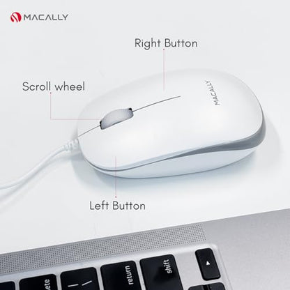 Macally USB Wired Mouse for Mac and Windows - Plug and Play 3 Button Corded Computer Mouse Wired for MacBook Pro/Air, Apple iMac, Laptop, PC Desktop, Notebook, Scroll Wheel Layout with Long Wire Cord