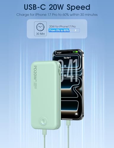 Nusyddy Portable Charger 10000mAh Fast Charging w/Built-in Wall Plug Green | PD20W Fast Charging, LED Indicator, Pass Through Charging, TSA Approved, Compact/Slim, Power Bank for iPhone/iPad/Samsung - color: Lime