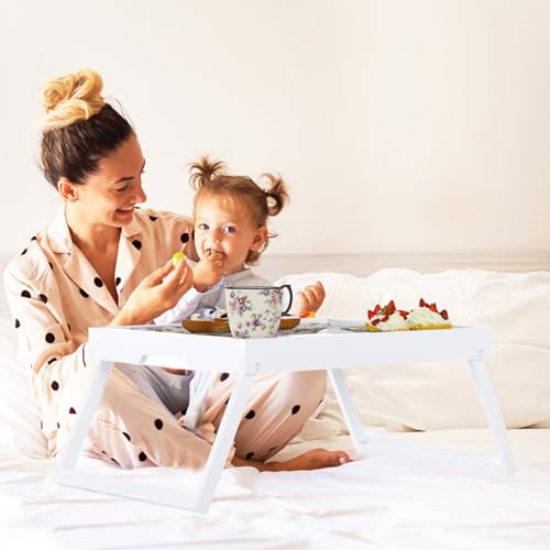 Bamboo Bed Tray Table with Folding Legs, Large, White | Large FSC-certified bamboo bed tray with folding legs, handles and raised edges for meals, laptops, reading and serving. - color: White, size: Large