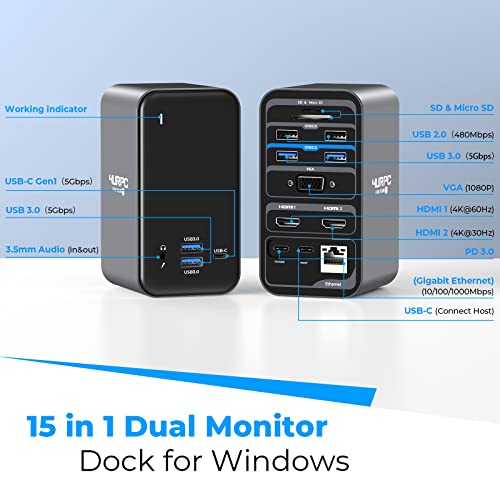 USB C Docking Station Dual Monitor 7 USB A/C, Plug and Play | 2 HDMI+VGA, SD/microSD, Ethernet, Audio, 65W Power Adapter, Laptop Docking Station for Windows Lenovo/HP/Dell, Home Office