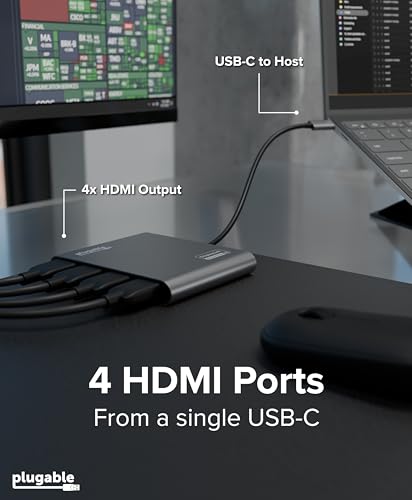 Plugable USB C to Quad HDMI 4K Adapter with 100W PD Pass-Though Power Delivery for Windows, Mac M1/M2/M3/M4, Thunderbolt, and USB-C Laptops | TAA, DisplayLink Pro, Driver Required (USBC-7400H4)