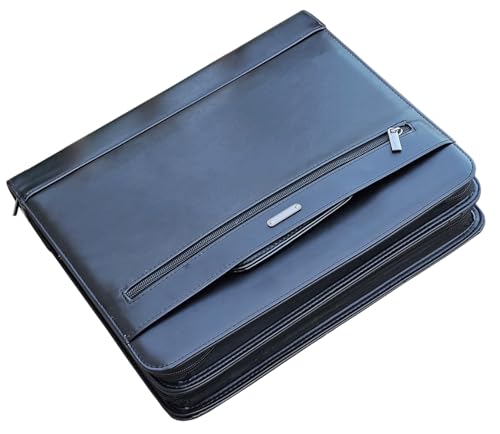 14" Laptop Briefcase, Vegan Leather Portfolio with Zipper Compartments x 2, A4 Papers Holder Padfolio Organizer - color: Black