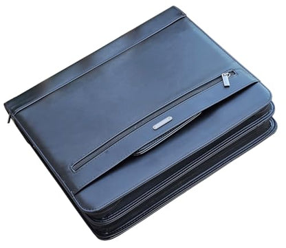 14" Laptop Briefcase, Vegan Leather Portfolio with Zipper Compartments x 2, A4 Papers Holder Padfolio Organizer - color: Black