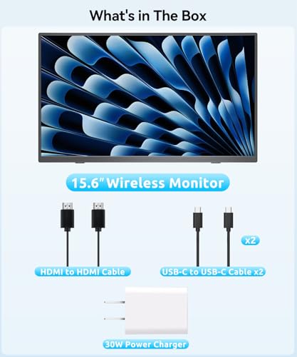 Wireless Portable Monitor for Laptop, 15.6" Portable Monitor with Battery | 1080P FHD Second Screen for Home & Office, AirPlay & Miracast Casting, No Cables or Drivers Needed