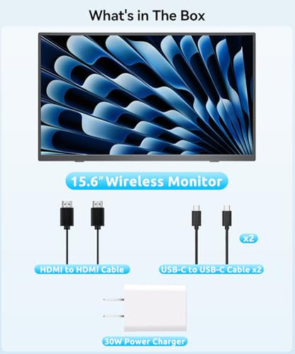 Wireless Portable Monitor for Laptop, 15.6" Portable Monitor with Battery | 1080P FHD Second Screen for Home & Office, AirPlay & Miracast Casting, No Cables or Drivers Needed