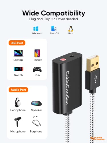 CableCreation USB Audio Adapter External Sound Card with 3.5mm Jack and Mic | USB A Adapter With Microphone Audio compatible with Windows, Mac, macOS, Linux, PS4, PS5, Plug and Play, Aluminum Black - color: Black USB 2.0, size: 1-Pack