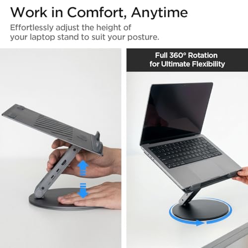Spigen ArcDock Laptop Stand with 6 in 1 Hub USB-A 3.0, USB-C 3.0, PD 100W, 4K 60Hz HDMI Universal Adjustable Folding Laptop Dock with 360 Rotating Base - Space Grey - size: 6-in-1 Hub