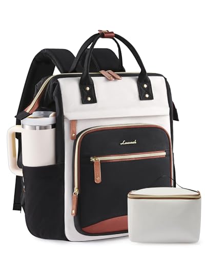 LOVEVOOK Laptop Backpack for Women Work Bag with Large Capacity Cup Side Pocket, 15.6 Inch Waterproof Computer Backpacks (Beige-black with Lunch Bag, 15.6INCH) - color: Beige-black With Lunch Bag, size: 15.6INCH