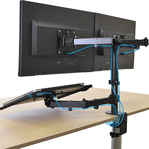 AEONS Dual Monitor and Laptop Desk Mount Combo Stand with Notebook Tray fits 17 inch, 3-in-1 Adjustable Triple Arm Mount fits 27 inch LCD Screen with VESA, Clamp and Cable Management, Black - style: Triple Arm & Tray, Black
