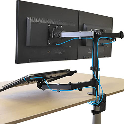 AEONS Dual Monitor and Laptop Desk Mount Combo Stand with Notebook Tray fits 17 inch, 3-in-1 Adjustable Triple Arm Mount fits 27 inch LCD Screen with VESA, Clamp and Cable Management, Black - style: Triple Arm & Tray, Black