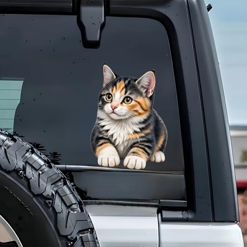 Waterproof Cute Calico Tabby Kitten Car Stickers – 5.5 Inch Vinyl Decals 2 Pack for Cars, Motorcycles, Laptops, Suitcases, Refrigerators, Walls, Doors, Bicycles, Removable Decorative Bumper Stickers