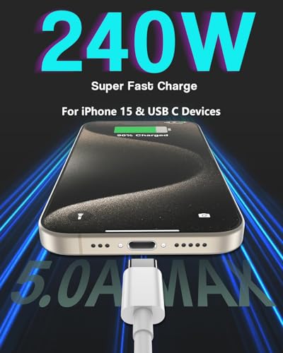 USB C to USB C, 240W USB C Cable, 2-Pack 10ft C to C Cable Fast Charging for MacBook Pro/MacBook Air, iPad Pro/iPad Air, iPhone 16 15 Pro Max Plus, Samsung Galaxy,Compatible 140W/100W/65W/45W/35W/20W - color: White, size: 10Foot