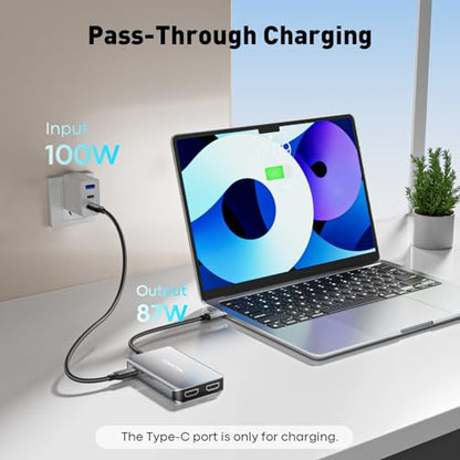 UANTIN USB C to Dual HDMI Adapter 4K@60Hz, 6-in-1 HDMI Splitter Extend Display for Dual Monitors with 100W PD, 3*USB-A, Docking Station Dual Monitor Compatible with Dell XPS, HP, MacBook Pro/Air, etc