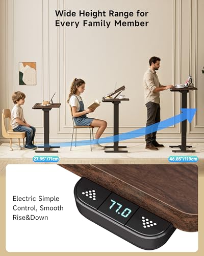 BIZUM Small Electric Standing Desk, Overbed Table Wireless Tilt Top with Hidden Wheels, 27.6×15.8 Inch Adjustable Rolling Laptop Desk, USB-C Rechargeable Battery, Walnut - color: Walnut