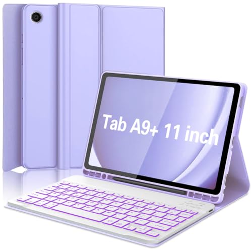 Keyboard Case for Samsung Galaxy Tab A9 Plus 5G 11 inch 2023 (SM-X210/X216/X218), 7 Color Backlit Detachable Keyboard Bluetooth, Smart Folio Cover with S Pen Holder for Galaxy Tab A9+ 11"(Purple) - color: Purple