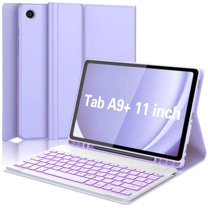 Keyboard Case for Samsung Galaxy Tab A9 Plus 5G 11 inch 2023 (SM-X210/X216/X218), 7 Color Backlit Detachable Keyboard Bluetooth, Smart Folio Cover with S Pen Holder for Galaxy Tab A9+ 11"(Purple) - color: Purple